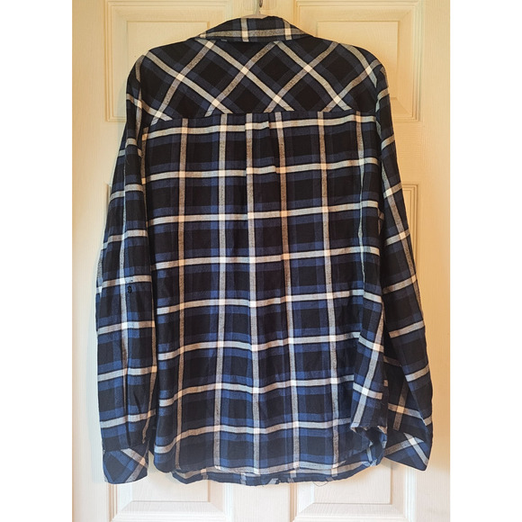 Michael Michael Kors Plaid Button Front Shirt Studded Pockets Blue Black Large - Picture 2 of 10